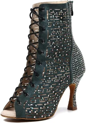YKXLM Ballroom Dance Shoes for Women Latin Salsa Tango Dance Boots Peep Toe with Rhinestones,9008