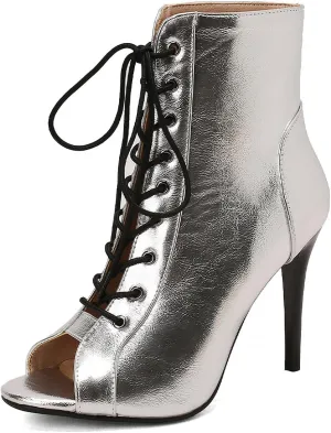 YKXLM Latin Dance Boots Salsa Women Ballroom Lace-up Ankle Open Toe Dance Shoes,9676-1,Silver,10US