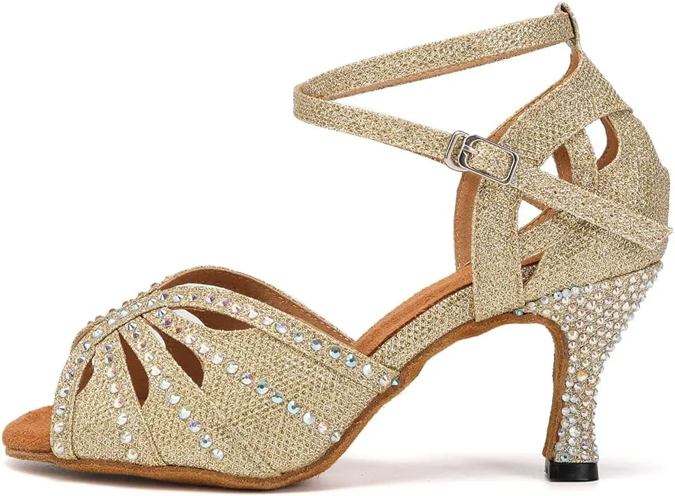 YKXLM Women Rhinestone Ballroom Dance Shoes Latin Performance Dance Shoes Women Suede Sole,L162,3 1/3 inches Heel,Gold,6.5 US