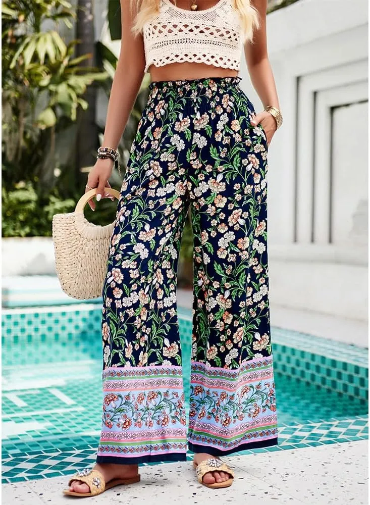 ZOCAVIA Womens Floral Print Harem Pants with Pockets Yoga Boho Pants Flowy Wide Leg Pants Casual Palazzo Pants Beach Pants