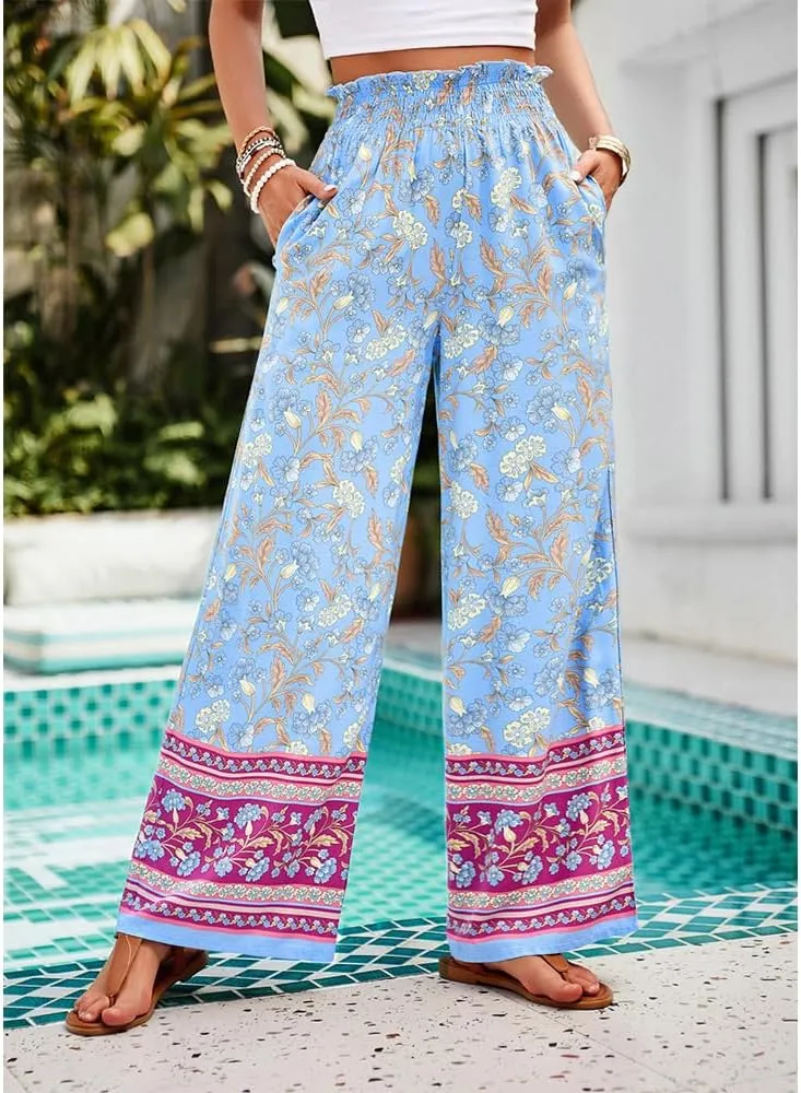 ZOCAVIA Womens Floral Print Harem Pants with Pockets Yoga Boho Pants Flowy Wide Leg Pants Casual Palazzo Pants Beach Pants