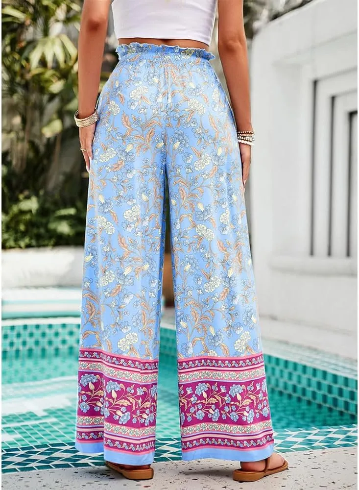 ZOCAVIA Womens Floral Print Harem Pants with Pockets Yoga Boho Pants Flowy Wide Leg Pants Casual Palazzo Pants Beach Pants