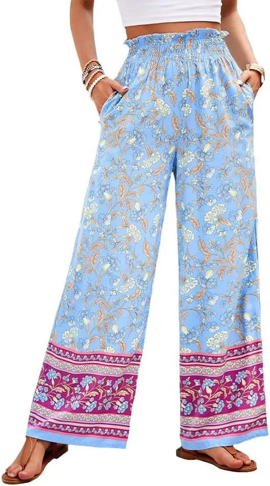 ZOCAVIA Womens Floral Print Harem Pants with Pockets Yoga Boho Pants Flowy Wide Leg Pants Casual Palazzo Pants Beach Pants