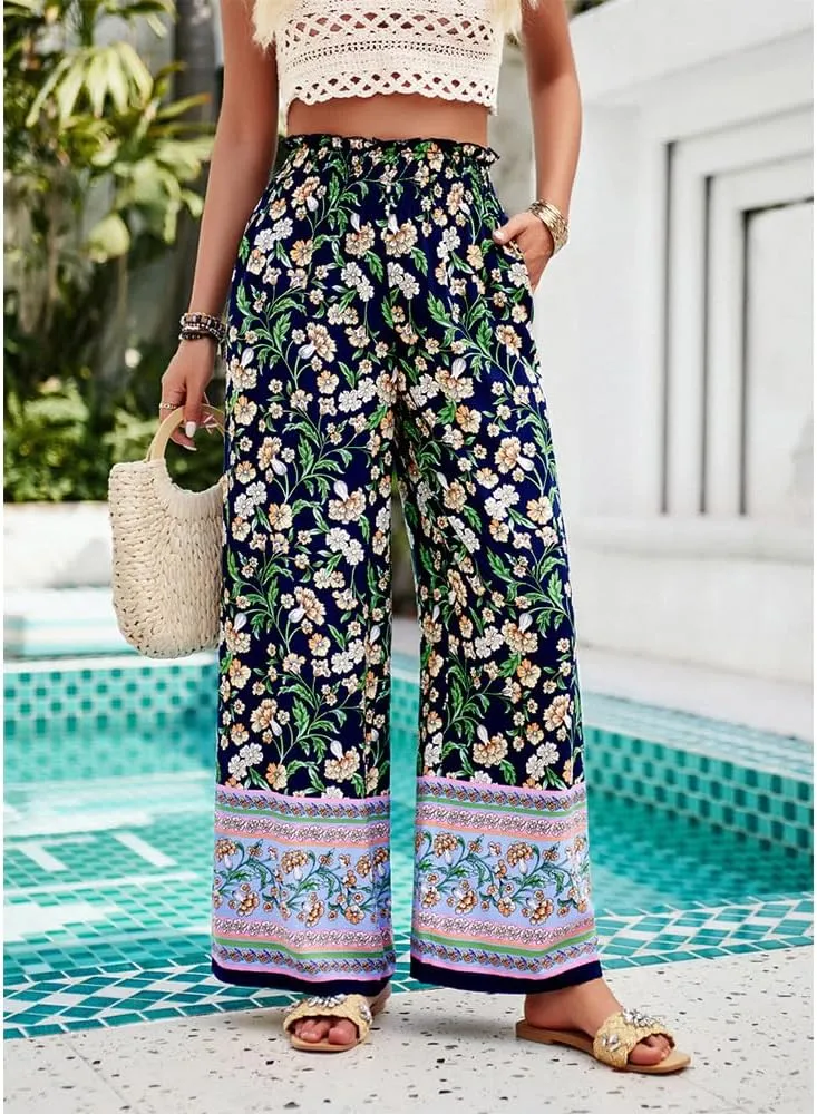 ZOCAVIA Womens Floral Print Harem Pants with Pockets Yoga Boho Pants Flowy Wide Leg Pants Casual Palazzo Pants Beach Pants