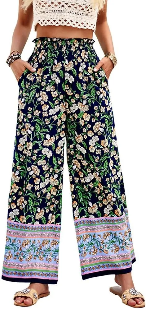 ZOCAVIA Womens Floral Print Harem Pants with Pockets Yoga Boho Pants Flowy Wide Leg Pants Casual Palazzo Pants Beach Pants