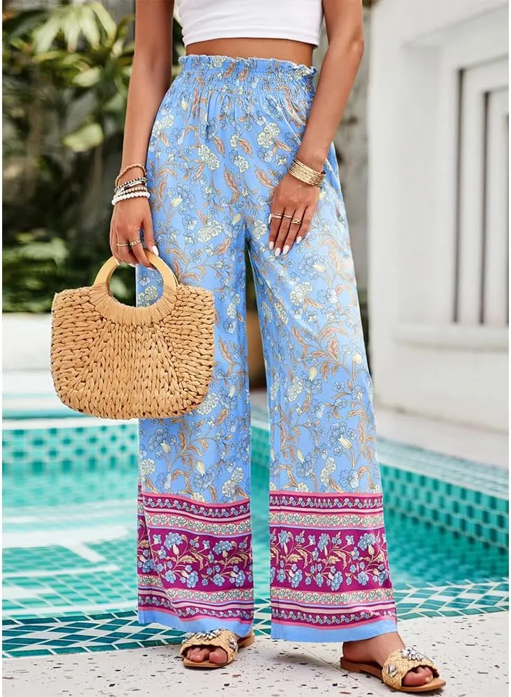 ZOCAVIA Womens Floral Print Harem Pants with Pockets Yoga Boho Pants Flowy Wide Leg Pants Casual Palazzo Pants Beach Pants