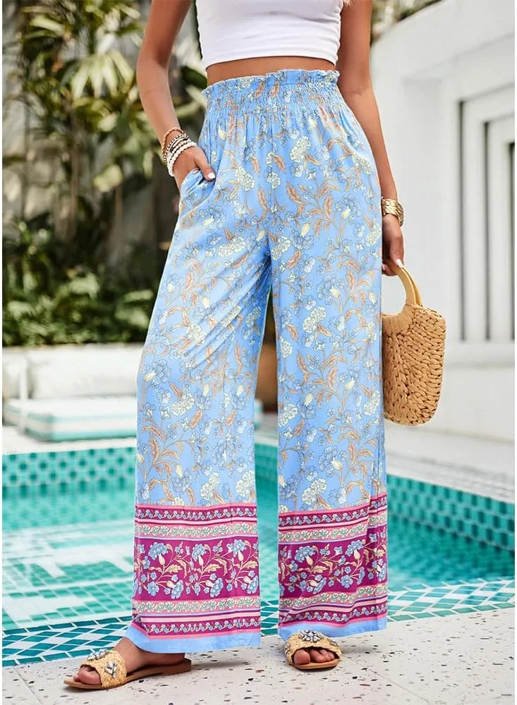 ZOCAVIA Womens Floral Print Harem Pants with Pockets Yoga Boho Pants Flowy Wide Leg Pants Casual Palazzo Pants Beach Pants
