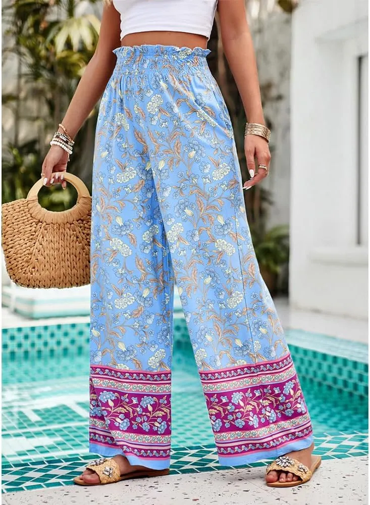 ZOCAVIA Womens Floral Print Harem Pants with Pockets Yoga Boho Pants Flowy Wide Leg Pants Casual Palazzo Pants Beach Pants