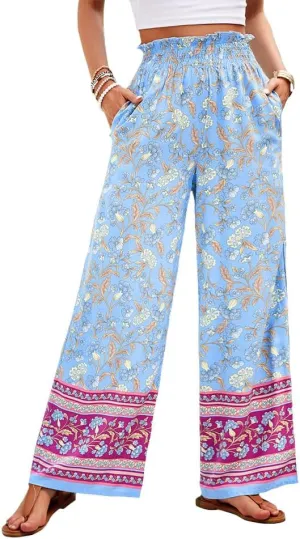 ZOCAVIA Womens Floral Print Harem Pants with Pockets Yoga Boho Pants Flowy Wide Leg Pants Casual Palazzo Pants Beach Pants