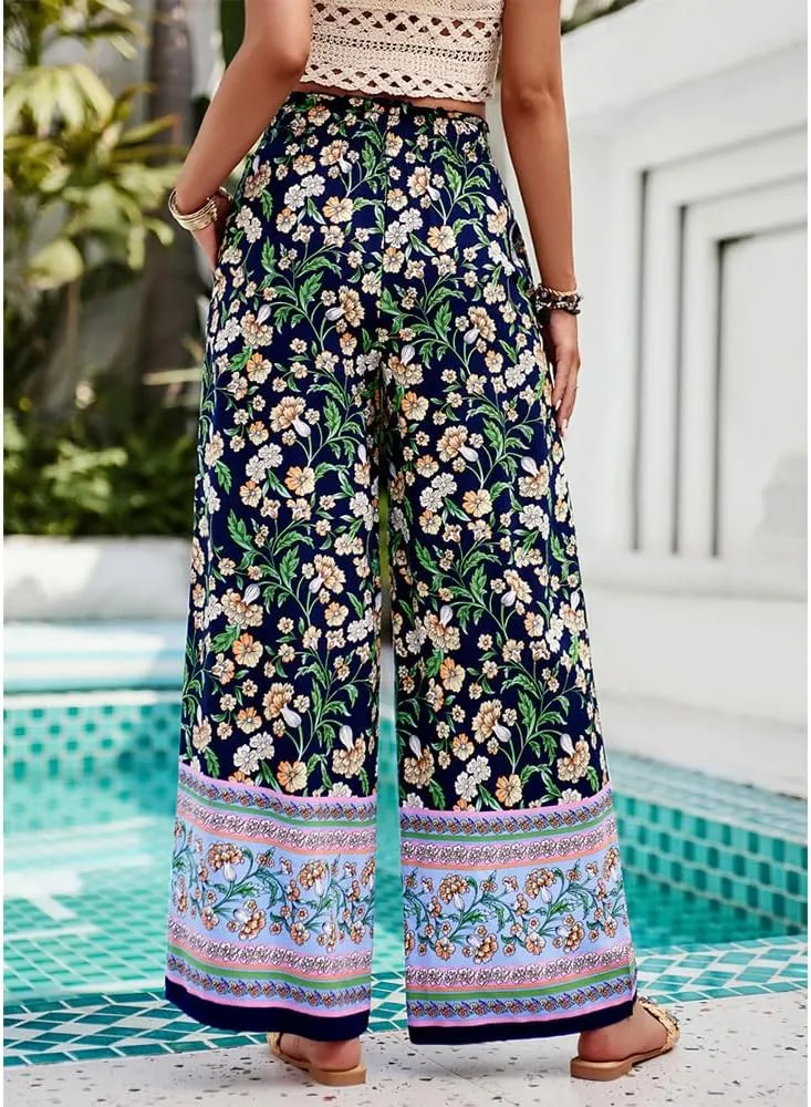 ZOCAVIA Womens Floral Print Harem Pants with Pockets Yoga Boho Pants Flowy Wide Leg Pants Casual Palazzo Pants Beach Pants